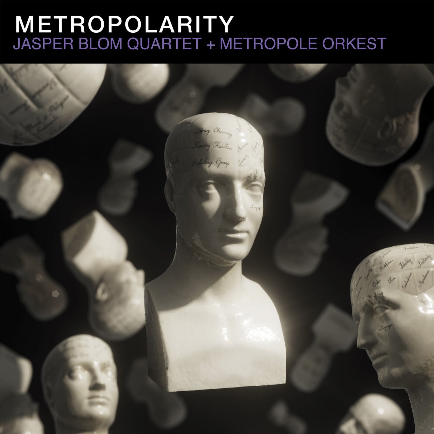 Album cover featuring a marble bust with handwritten notes, surrounded by faces.