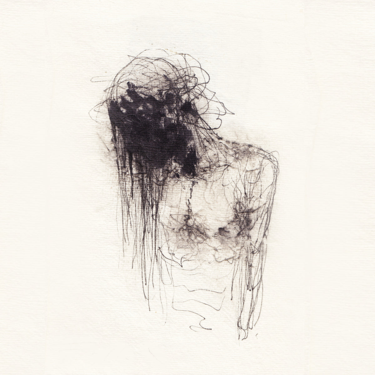 Black and white sketch of a figure with tangled, abstract lines.