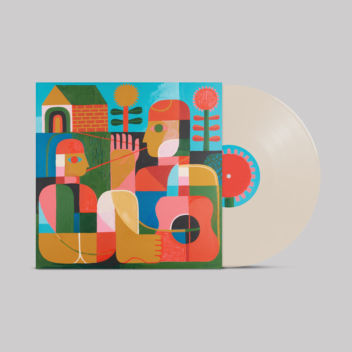 Album cover with abstract figures and a milky clear vinyl record.