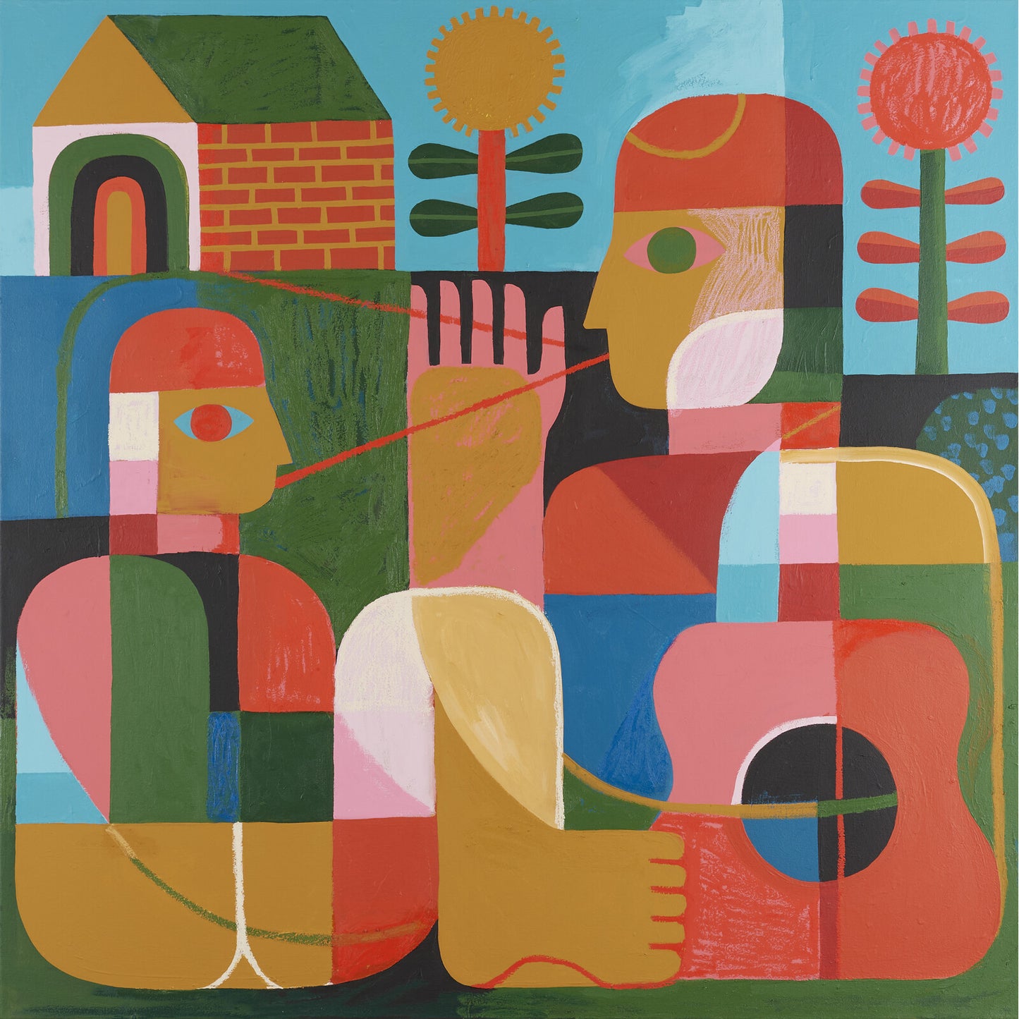 Abstract painting of figures and buildings in bright, geometric shapes.