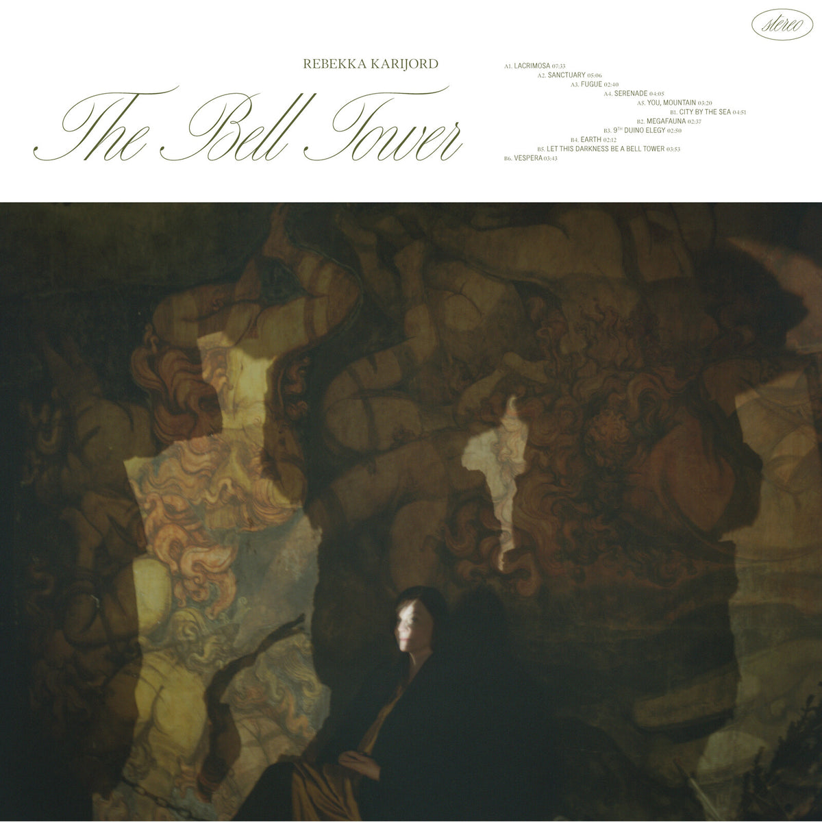 Vinyl record cover for Rebekka Karijord’s “The Bell Tower,” featuring blurry figures.