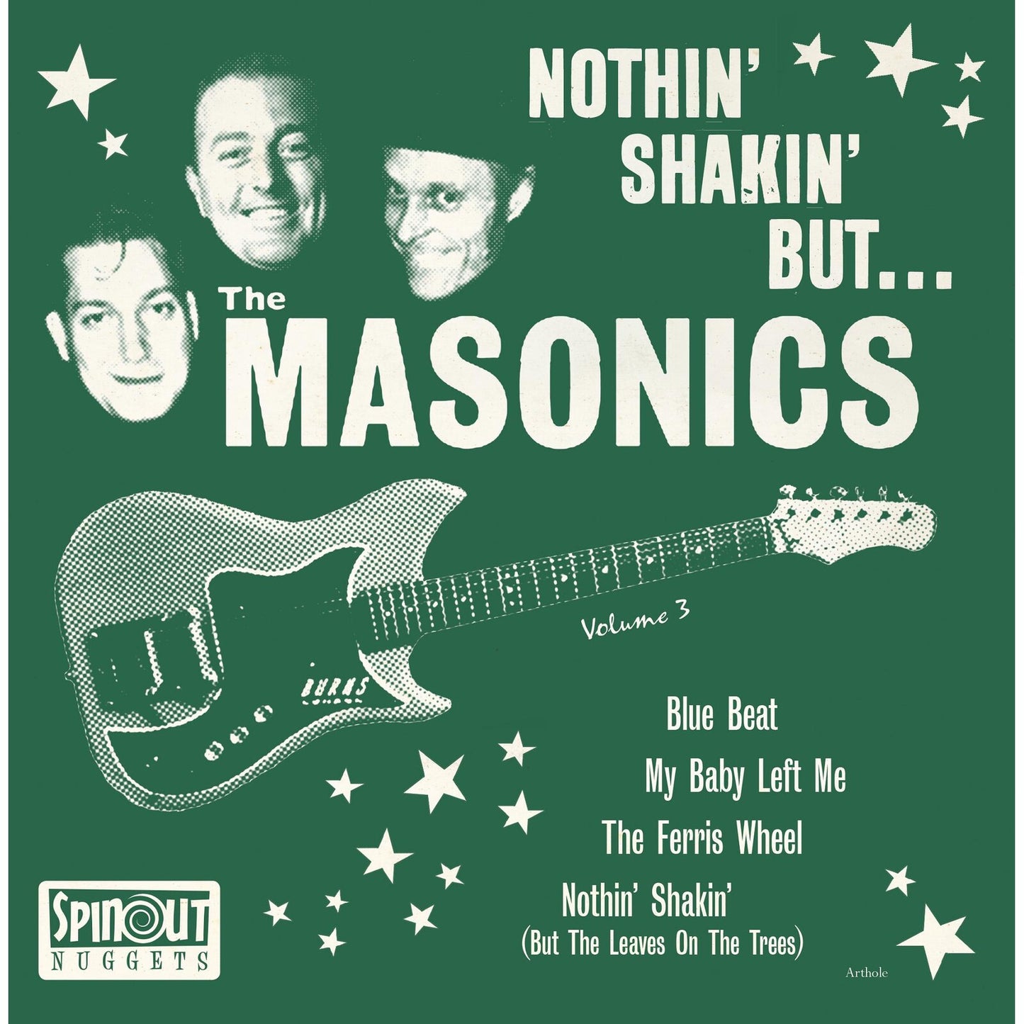 Record cover for The Masonics’ “Nothin’ Shakin’ But…” with guitar and portraits.
