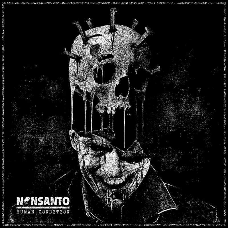 Black and white illustration of a distorted, masked figure with spikes.