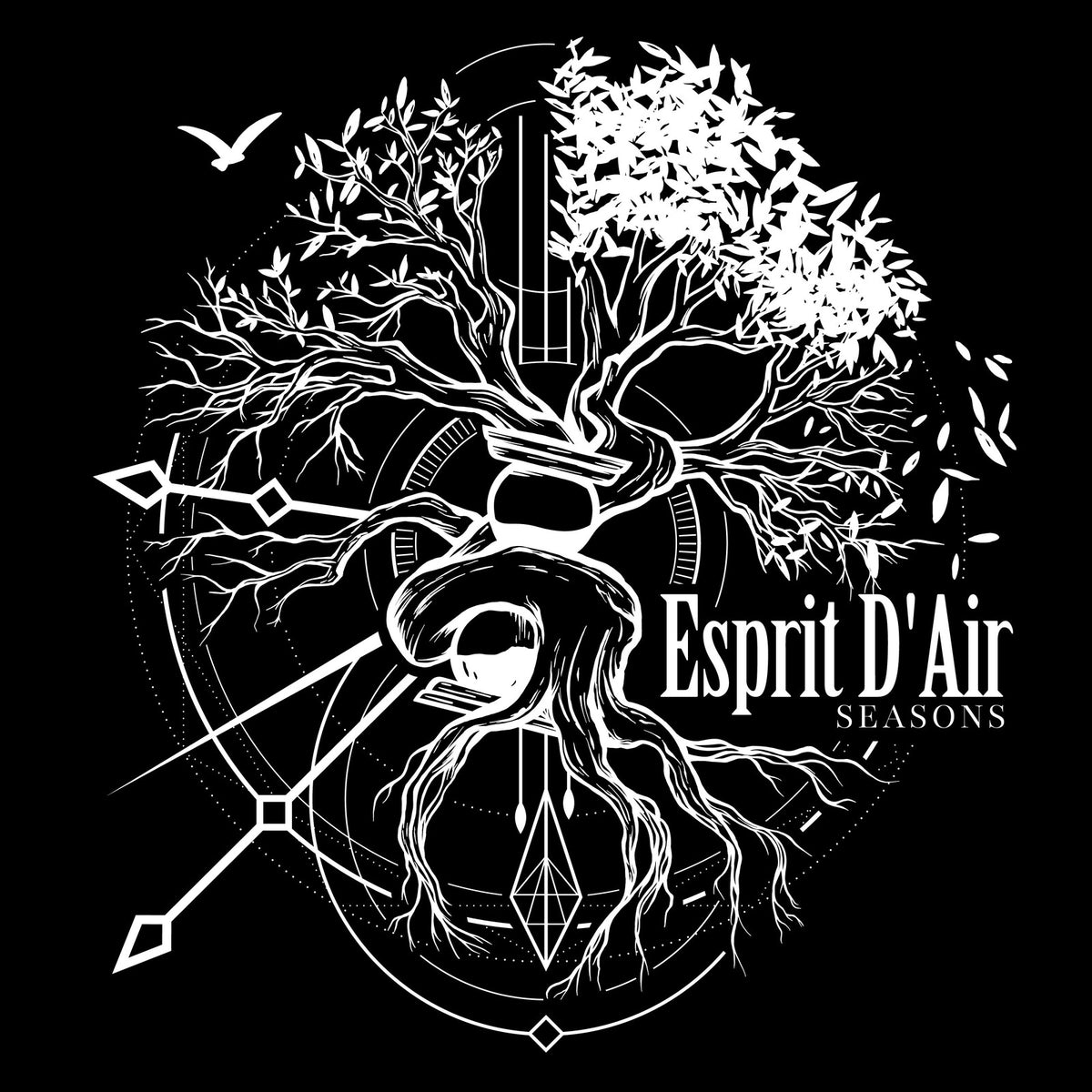 Black and white illustration of a tree with musical instruments and text.