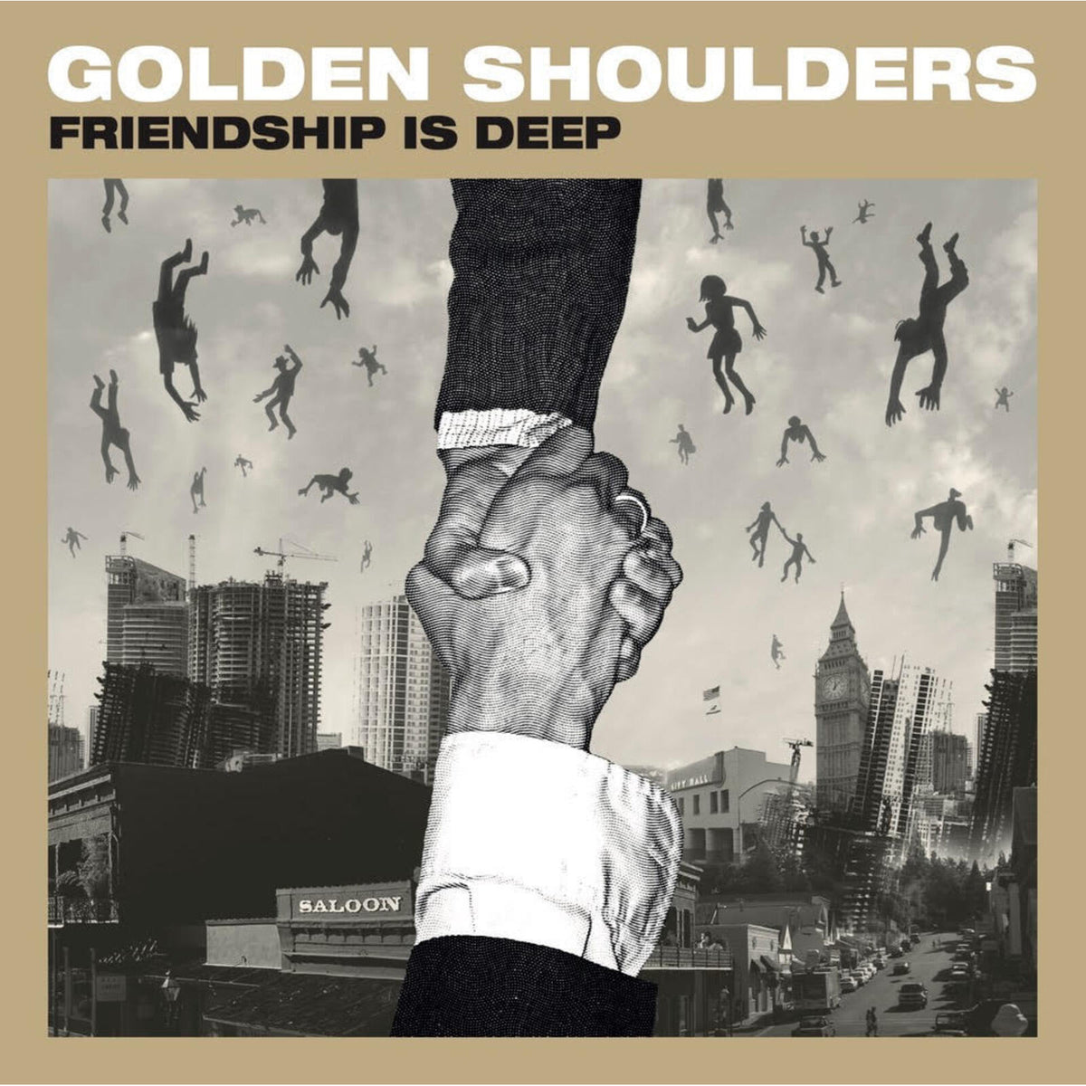Vinyl record cover: clasped hands with silhouetted figures and a cityscape.