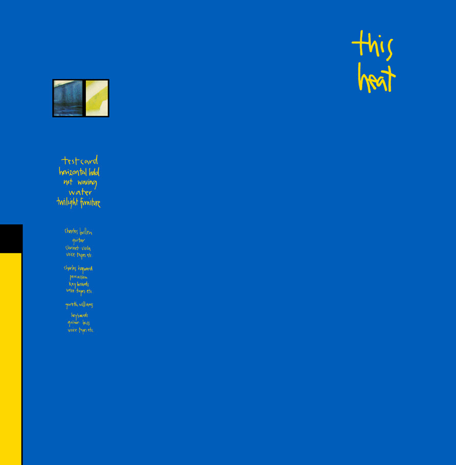 Vinyl cover with blue background, small square graphic, and handwritten yellow text.
