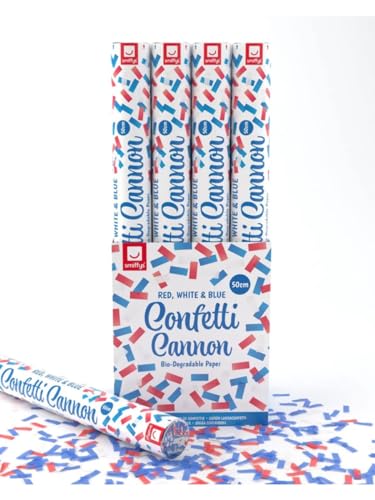 Red, white, and blue confetti cannons with Union Jack design.