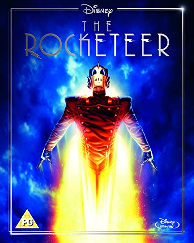 The Rocketeer in a gold helmet and red jacket flying against a blue background.