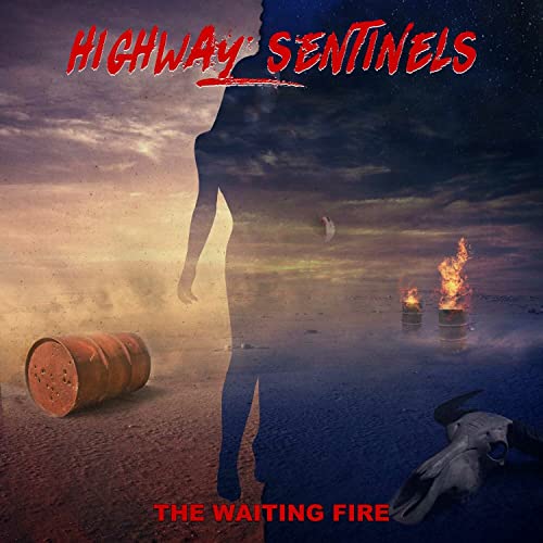 CD cover: Silhouette facing burning barrels and a skull in a desert.