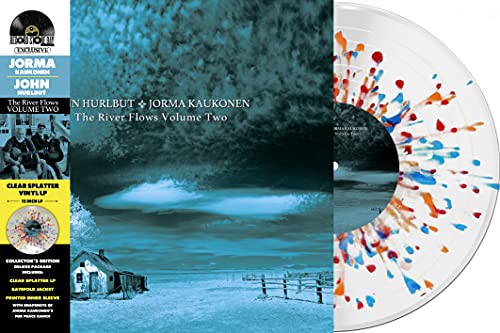 Vinyl record album cover and record with blue, orange, and red splatter.