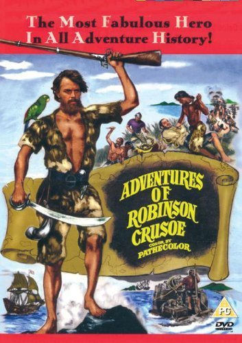 DVD cover for "Adventures of Robinson Crusoe" featuring a man with a sword.
