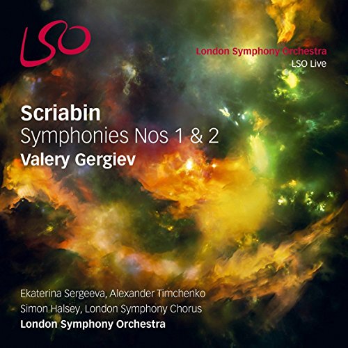 CD cover featuring a colorful nebula background with text for Scriabin Symphonies 1 and 2.