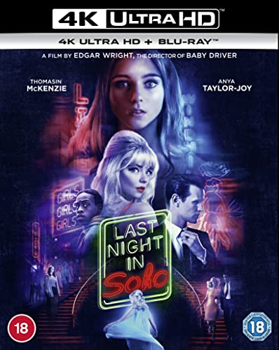 “Last Night in Soho” Blu-ray cover with Anya Taylor-Joy and vintage imagery.