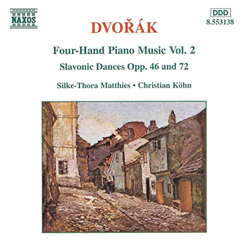 CD cover for Dvořák's "Four-Hand Piano Music, Vol. 2" with a village painting.