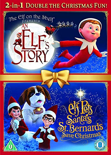 Christmas DVD cover with elf characters and a dog on a blue background.