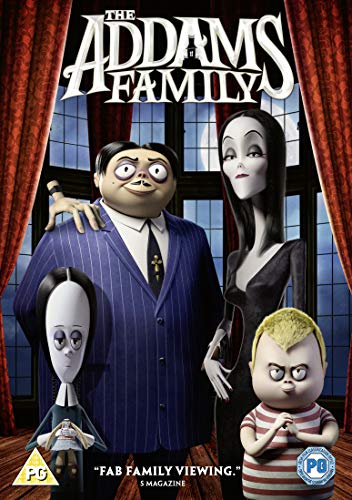 The Addams Family DVD cover featuring Gomez, Morticia, Wednesday, Pugsley, and baby.