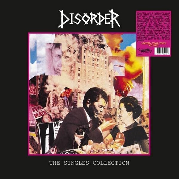 Disorder album cover: collage of figures, buildings, and explosions in pink frame.