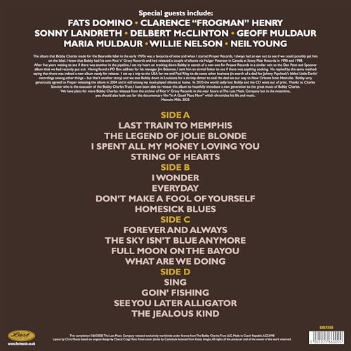 Record album back cover: "Last Train To Memphis" by Bobby Charles, tracklist listed.