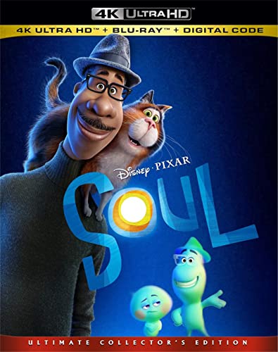 Soul" Blu-ray cover featuring Joe Gardner with a cat and glowing spirits.