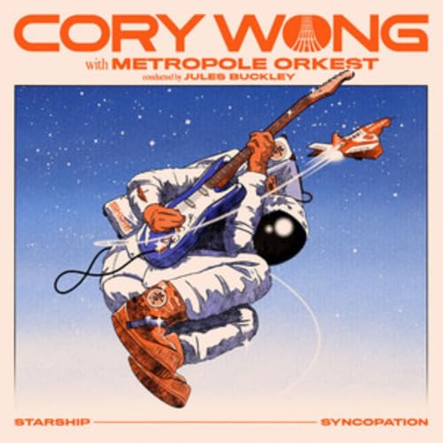 Album cover: astronaut playing guitar with a rocket, starry background.