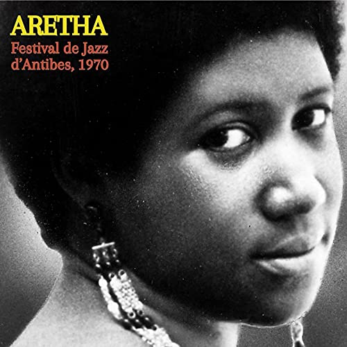 Black and white portrait of Aretha Franklin with text overlay.