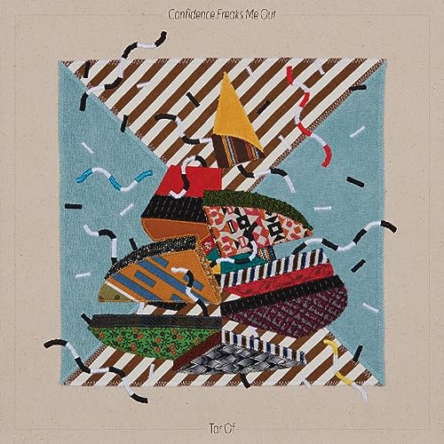 Album cover for “Confidence Freaks Me Out” with abstract, colorful patchwork design.