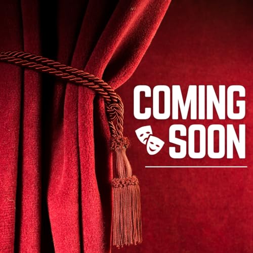 Red theater curtains with “COMING SOON” text and mask icons.