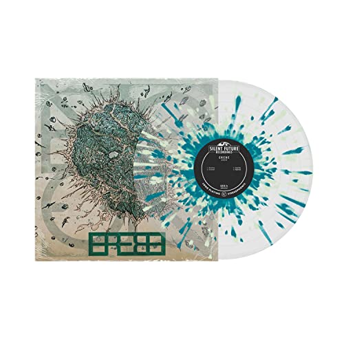 Vinyl record with abstract teal and white splatter design, and illustrated cover.