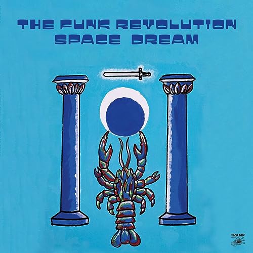Album cover: blue columns, lobster, moon, and sword illustration.