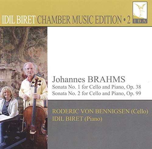 CD cover for Brahms cello sonatas featuring musicians and tapestry.