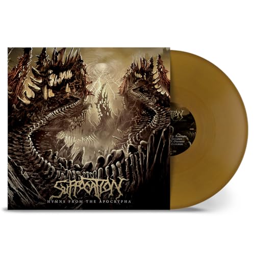 Suffocation Hymns From The Apocrypha vinyl record with dark fantasy cover art and gold disc.