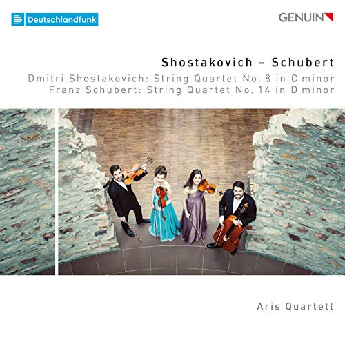 CD cover featuring the Aris Quartett, a string quartet, in formal wear.