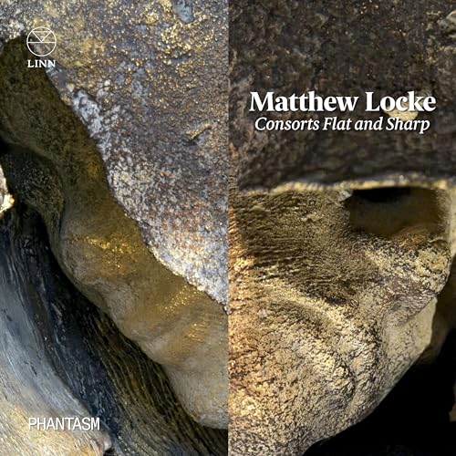 CD cover for Matthew Locke’s “Consorts Flat and Sharp” with textured gold detail.