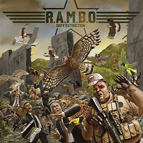 CD cover: birds of prey, figures in suits, and jungle landscape.