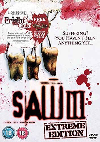 Saw III DVD cover with bloody teeth, bold red title, and rating icons.