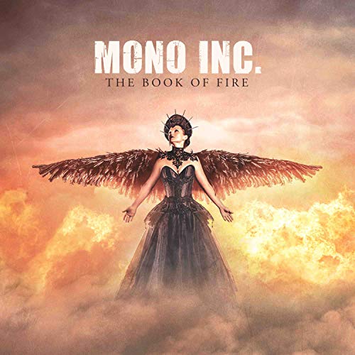 Woman with large wings against a fiery, smoky background.