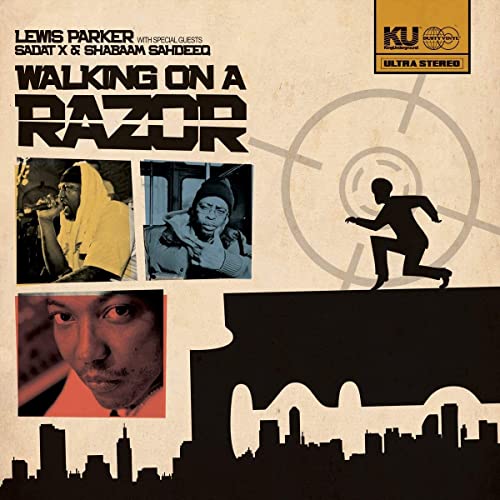 Album cover for Lewis Parker’s “Walking on a Razor” with portraits and silhouettes.