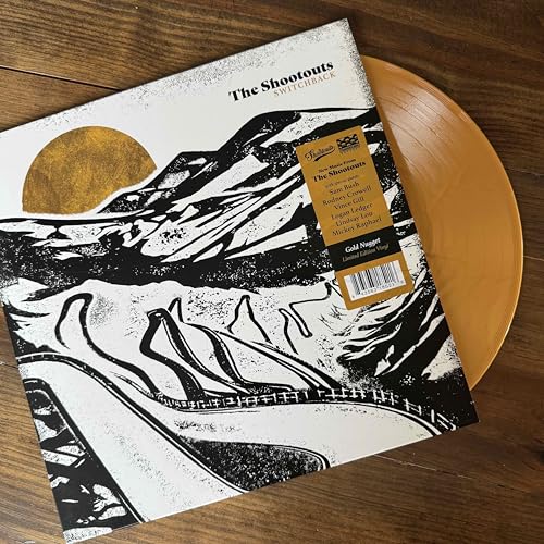 Vinyl record album cover with mountain scene and gold-colored record.