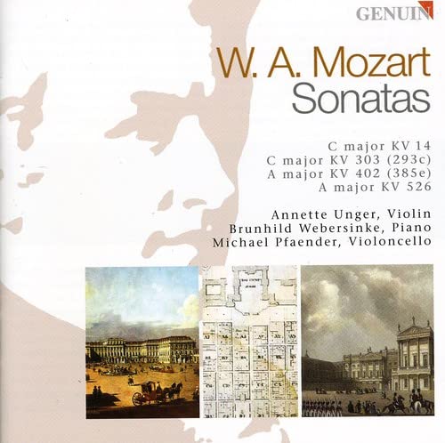 CD cover for Mozart violin sonatas featuring musicians and building imagery.