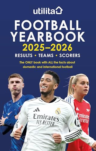 Cover of "The Utilita Football Yearbook 2025-2026" featuring footballers.