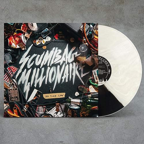 “Scumbag Millionaire” vinyl record by All Time Low, half black/half white.