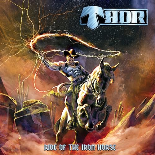 CD cover: cowboy riding a horse amidst lightning and fiery landscape.