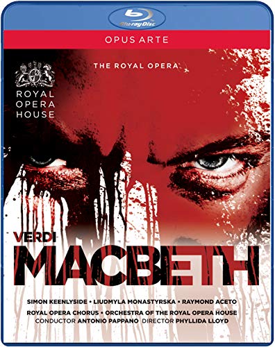 Blu-ray cover for Verdi’s *Macbeth* featuring a dramatic eye and blood-red streaks.