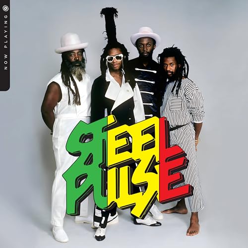 Steel Pulse band portrait with large, colorful logo overlaying the image.