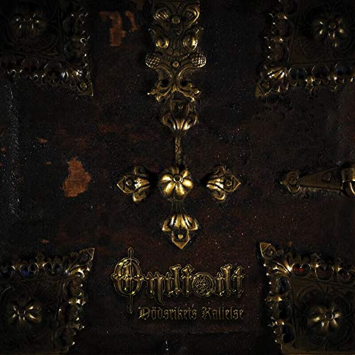 Dark brown album cover with ornate gold metalwork and band name.