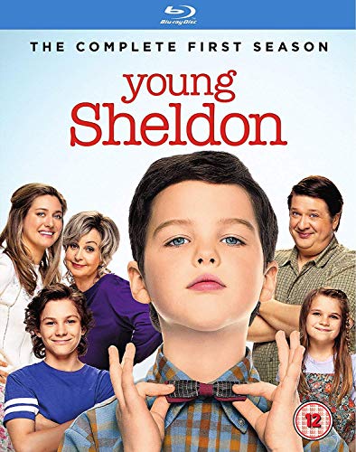 Young Sheldon Season 1 Blu-ray cover with cast portrait and rating.