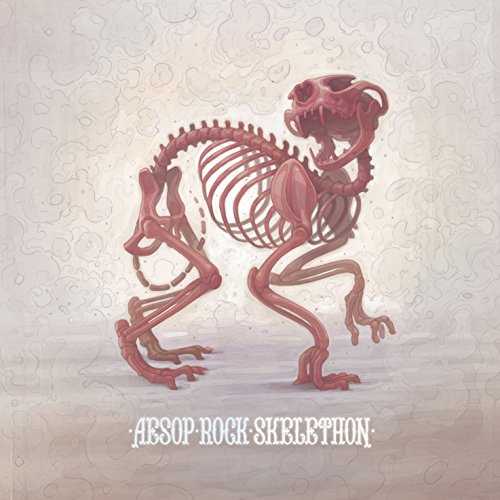 Reddish skeletal animal illustration on a light, patterned background.