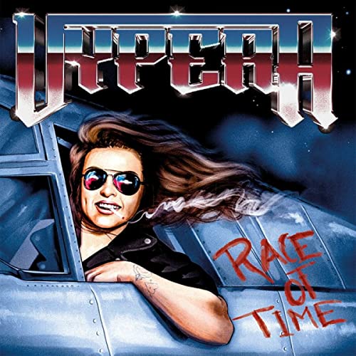 Vypera album cover: woman with sunglasses leaning from a blue airplane.