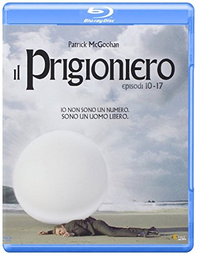 Prigioniero" Blu-ray cover with a man under a large white sphere on a beach.