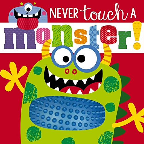 A green monster with spots and horns on a red background with text.